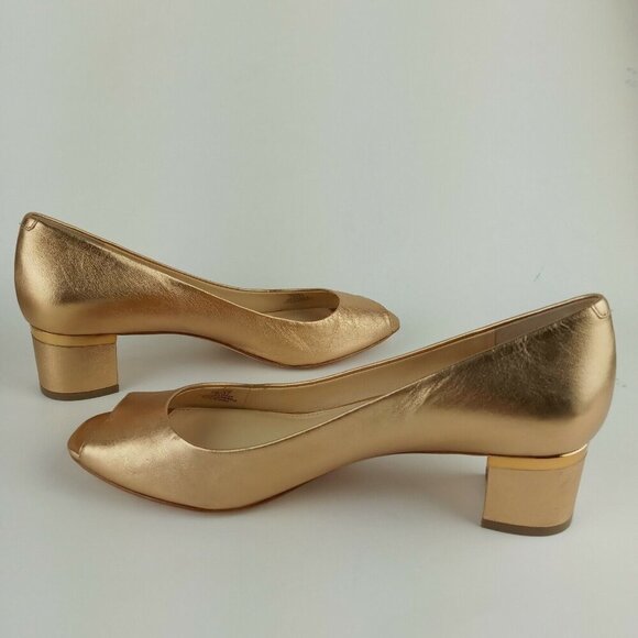 Vince Camuto Signature 7M Gold Metallic Open Toe Block Heel Shoes Lamb Leather - Picture 6 of 12